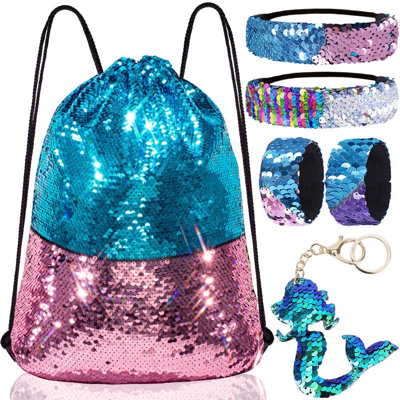 GA&EN Mermaid Reversible Sequin Drawstring Backpack, Blue/Pink Dance Bag for Girls Kids with Headband Keychain Bracelet for Christmas Gift Princess Dress Up Clothes Costume Party Birthday - Image 1